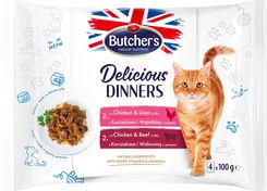 Butcher's Delicious Dinners, karma dla kota, z kurczakiem i wołowiną oraz z kurczakiem i wątróbką, kawałki w galaretce, 4x100g