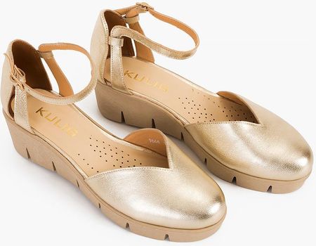 Złote sandały damskie skórzane na koturnie 119-4669-ZŁOTO