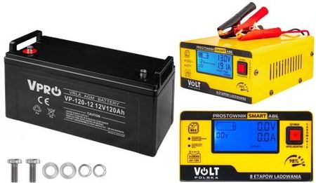 Zestaw akumulator Volt VPRO VRLA AGM 12V 120Ah + prostownik 6PRA12866C A86