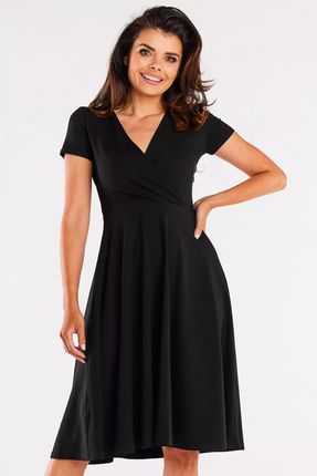 Rozkloszowana bawełniana sukienka z kopertowym dekoltem (Czarny, XL)