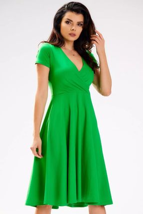 Rozkloszowana bawełniana sukienka z kopertowym dekoltem (Zielony, S)