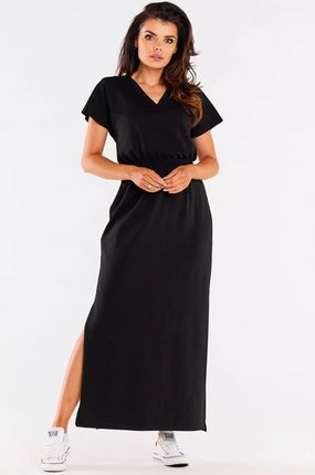 Długa bawełniana sukienka z rozcięciem i dekoltem w serek (Czarny, XL)