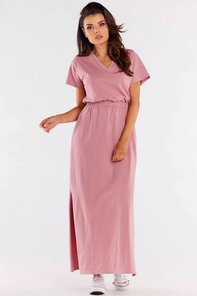 Długa bawełniana sukienka z rozcięciem i dekoltem w serek (Różowy, S)