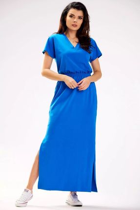 Długa bawełniana sukienka z rozcięciem i dekoltem w serek (Niebieski, S)