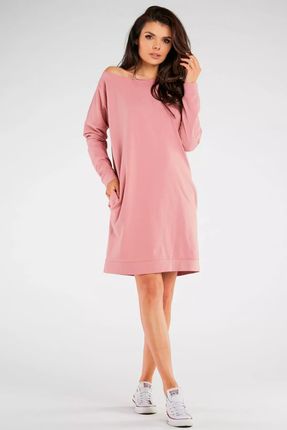 Luźna bawełniana sukienka z dekoltem w łódkę (Różowy, L/XL)