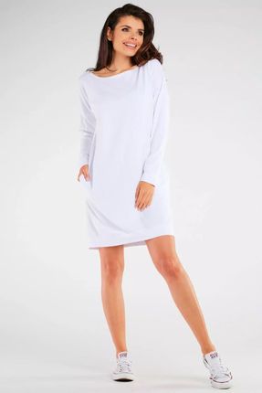 Luźna bawełniana sukienka z dekoltem w łódkę (Biały, S/M)