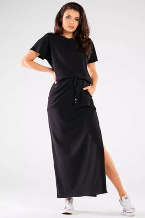 Bawełniana sukienka z troczkiem w pasie (Czarny, S)