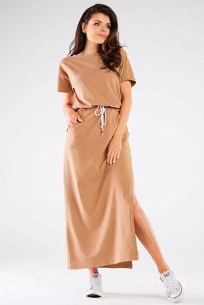 Bawełniana sukienka z troczkiem w pasie (Beżowy, S)