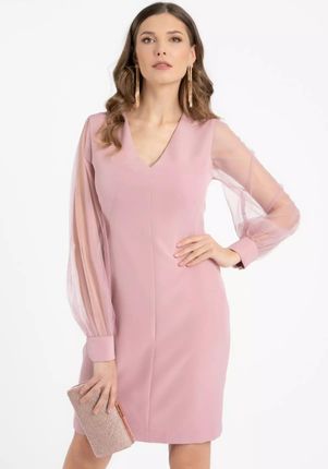 Elegancka sukienka midi z tiulowymi rękawami (Pudrowy, XXL)