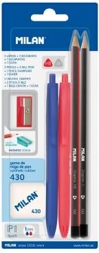 Milan 2 Długopisy P1, 2 Ołówki Hb & H Gumka 430 Temperów
