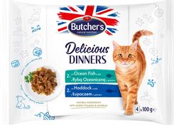 Butcher's Delicious Dinners, karma dla kota, z rybą oceaniczną oraz z łupaczem, kawałki w galaretce 4x100g