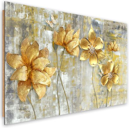 Feeby Obraz Deco Panel Złote Kwiaty I Motyle 100X70