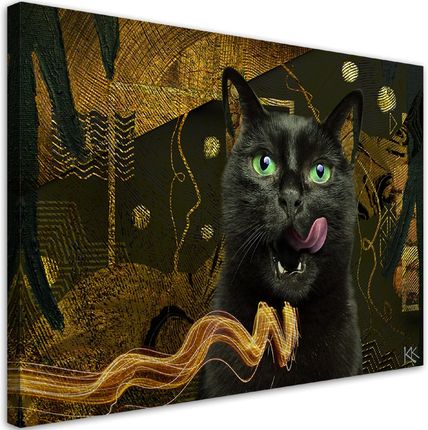 Feeby Obraz Na Płótnie Czarny Kot Złota Abstrakcja 90X60