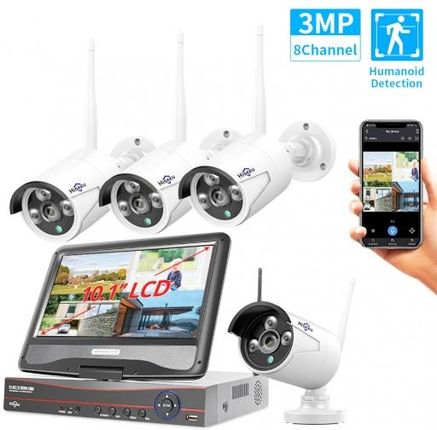 Hiseeu 4Pcs 8Ch 3Mp 1536P Wireless Security Cameras Kit Outdoor Waterproof Cctv System Set With 10.1Inch Monitor Nvr