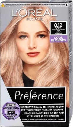 Loreal Preference Farba do Włosów Cool Blondes 8.12 Alaska Jasny Popielaty Beżowy Blond