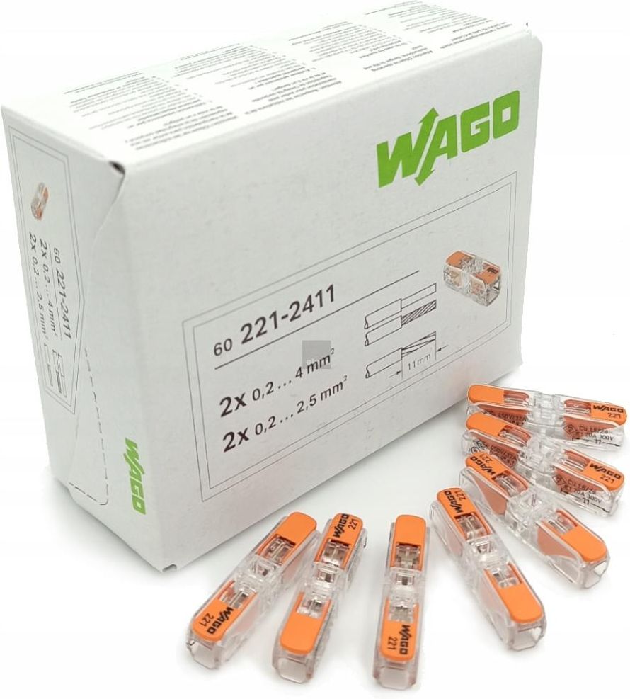 Connettori Elettrici WAGO 221-2411, 2 Fili, Riutilizzabili, Sottili, Confezione Da 50 Pezzi, Nuovi