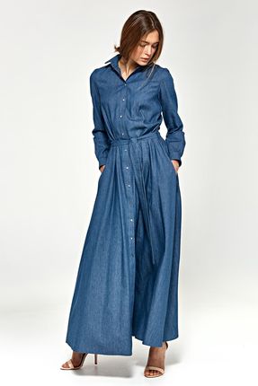 Jeansowa sukienka maxi z długim rękawem - S93 (kolor jeans, rozmiar 44)