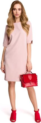 S113 Sukienka pudełkowa z dekoltem w serek z tyłu - pudrowa (kolor pudrowy róż, rozmiar XL)