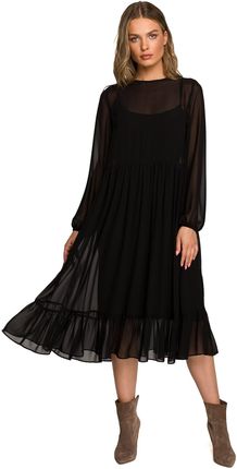 S319 Sukienka szyfonowa z falbaną - czarna (kolor czarny, rozmiar XXL)