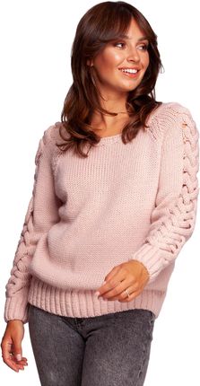 BK090 Sweter z szerokim dekoltem i warkoczem na rękawach - różowy (kolor róż, rozmiar S/M)