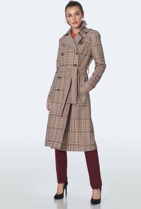 Dwurzędowy płaszcz z paskiem w beżową kratę - PL10 (kolor krata/beż, rozmiar 44)