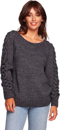 BK090 Sweter z szerokim dekoltem i warkoczem na rękawach - szary (kolor szary, rozmiar L/XL)