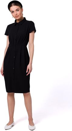 S335 Sukienka koszulowa z zakładkami - czarna (kolor czarny, rozmiar L)