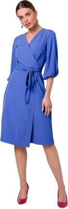 S340 Sukienka kopertowa z wiązaniem - niebieska (kolor niebieski, rozmiar L)