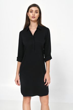 Czarna sukienka oversize z podwijanym rękawem - S226 (kolor czarny, rozmiar 38)
