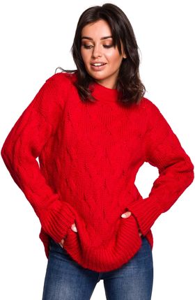 BK038 Sweter ze splotem typu warkocz - czerwony (kolor czerwony, rozmiar S/M)