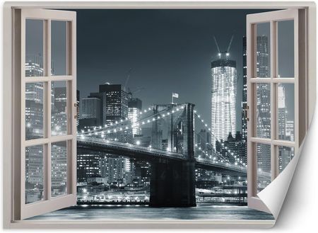 Fototapeta Okno Nowy Jork Most Brookliński Czarno-Biały 210x150