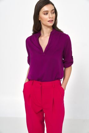 Wiskozowa purpurowa bluzka z podwijanym rękawem - B147 (kolor purpura, rozmiar 34)