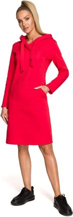 M695 Sukienka z kapturem i asymetryczną kieszenią - czerwona (kolor czerwony, rozmiar L)