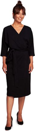 B241 Sukienka kopertowa z wiązanym paskiem - czarna (kolor czarny, rozmiar XXL)