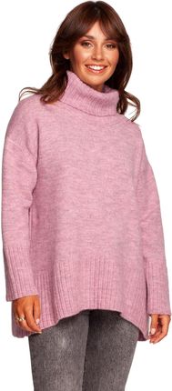BK086 Sweter z golfem i rozcięciem z tyłu - pudrowy (kolor pudrowy róż, rozmiar L/XL)