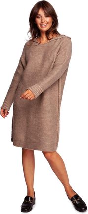 BK089 Sweter sukienka z kapturem - jasnobrązowy (kolor jasno brązowy, rozmiar S/M)