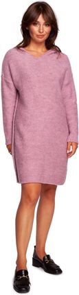 BK089 Sweter sukienka z kapturem - pudrowy (kolor pudrowy róż, rozmiar L/XL)