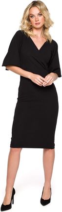 K152 Sukienka kopertowa z bufiastymi rękawami - czarna (kolor czarny, rozmiar S)