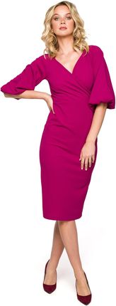 K152 Sukienka kopertowa z bufiastymi rękawami - śliwkowa (kolor śliwkowy, rozmiar S)
