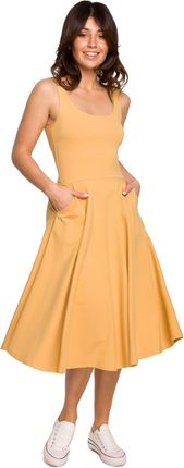 B218 Sukienka rozkloszowana na cienkich ramiączkach - miodowa (kolor żółty, rozmiar S)
