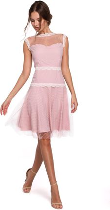 K030 Sukienka rozkloszowana w groszki - pudrowa (kolor pudrowy róż, rozmiar XL)