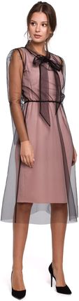 K039 Sukienka tiulowa z wiązaniem przy szyi - pudrowa (kolor pudrowy róż, rozmiar S)