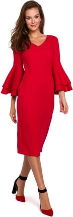 K002 Sukienka z falbanami przy rękawach - czerwona (kolor czerwony, rozmiar S)