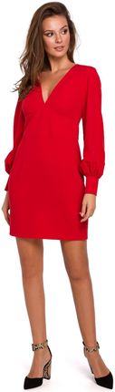 K027 Sukienka z bufiastymi rękawami - czerwona (kolor czerwony, rozmiar XL)