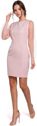 K032 Sukienka z bufiastymi rękawami w groszki - pudrowa (kolor pudrowy róż, rozmiar L)