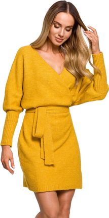 M631 Sukienka swetrowa kopertowa z wiązaniem - miodowa (kolor żółty, rozmiar L/XL)