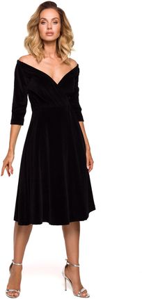 M645 Welurowa sukienka z dekoltem na ramionach - czarna (kolor czarny, rozmiar L)