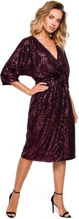 M653 Sukienka midi z cekinami i wiązaniem - wino (kolor bordo, rozmiar L)