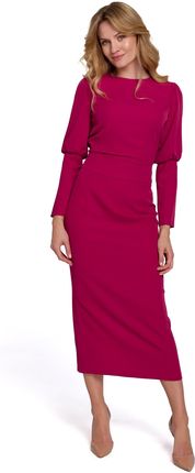 K079 Sukienka midi z wysokimi mankietami - śliwkowa (kolor śliwkowy, rozmiar M)