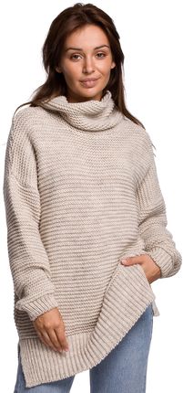 BK047 Sweter oversize z golfem - beżowy (kolor beż, rozmiar uniwersalny)